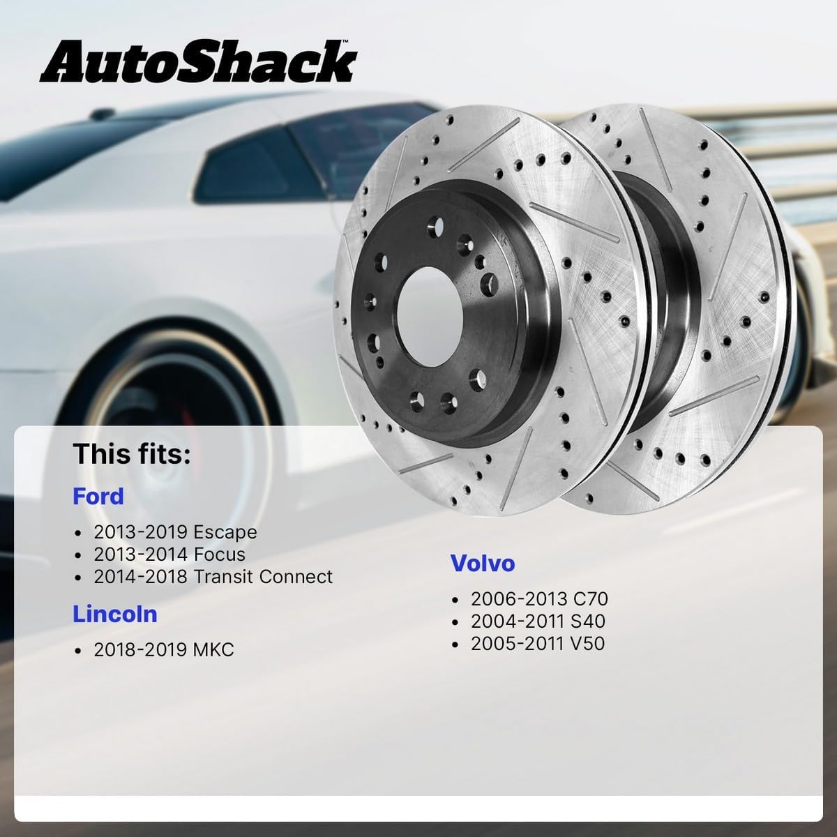 AutoShack Front Vented Drilled & Slotted E-Coated Brake Rotors 2-PC Set Replacement for 2013-2019 Ford Escape 2013-2018 Ford Focus 2018-2019 Lincoln MKC 2004-2012 Volvo S40 ShadowGuard 12.6" (320 mm)