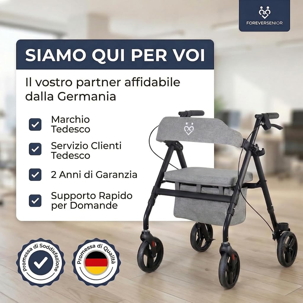 Deambulatore Rollator Pieghevole Leggero 9 kg con Seduta – Girello per Anziani in Acciaio, Borsa e Schienale Imbottito, Design Stretto per Interno ed Esterno