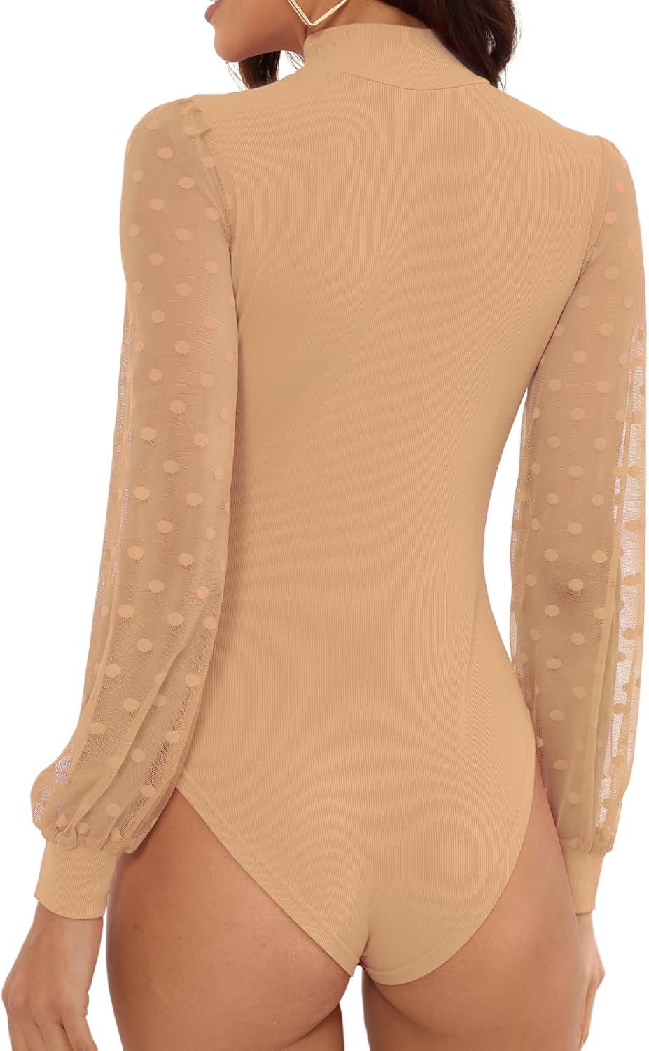 Womens Bodysuit Turtle Neck Polka Dot Sheer Mesh Long Sleeve Ribbed Bodysuits Jumpsuit - Image 2