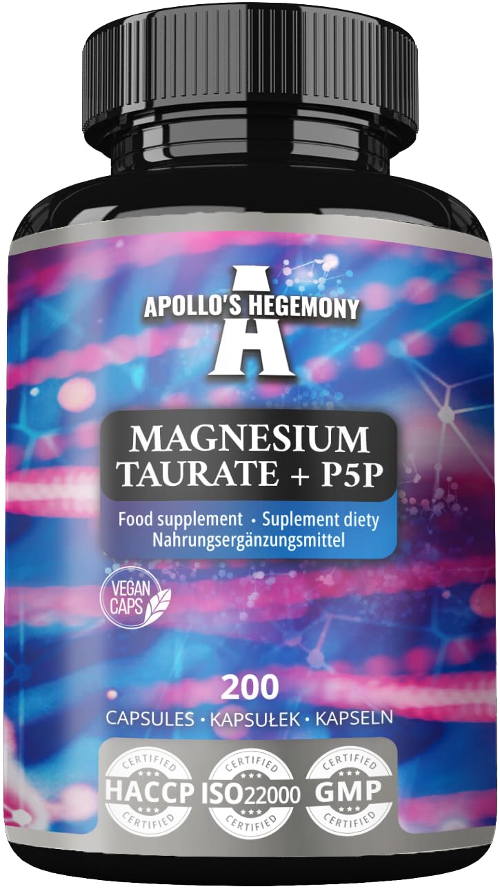 Magnesio Taurato + P-5-P 140 Mg Per Porzione - 200 Capsule Vegane - 100 Giorni Di Fornitura - Supporta La Funzione Muscolare E Nervosa - Integratore Di Apollo's Hegemony-image