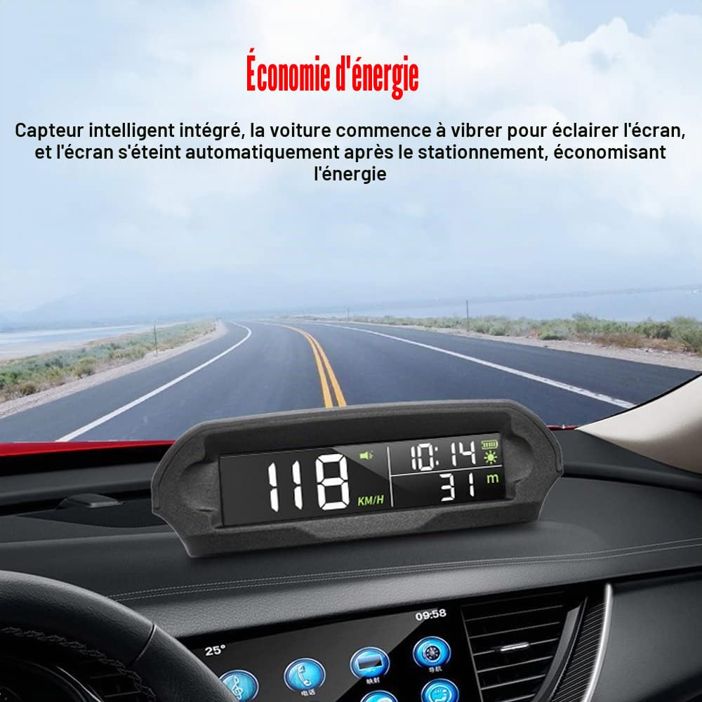 affichage tête haute,ERYUE Compteur de vitesse numérique GPS solaire avec affichage tête haute HUD sans fil de voiture avec alarme de survitesse à écran LCD KMH/MPH affichage du temps/altitude/tempér