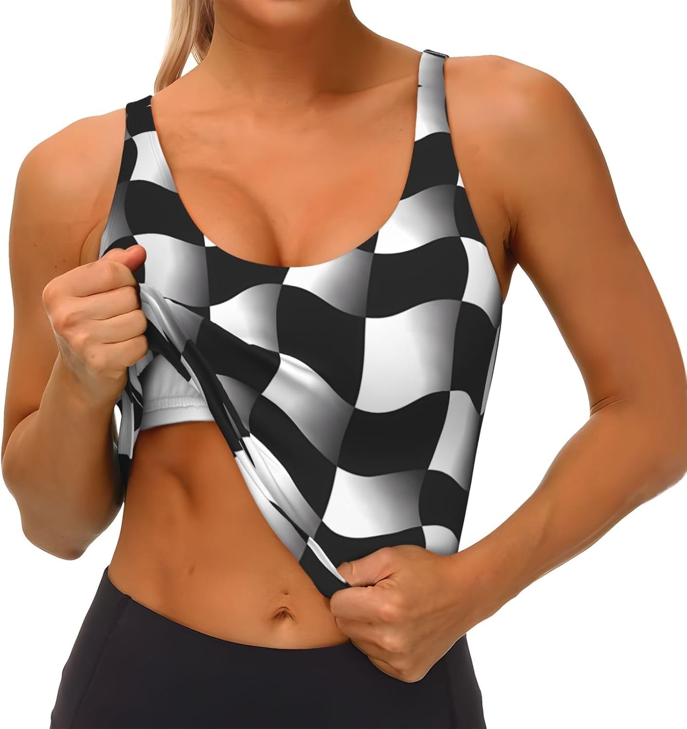 Black and White Wave Mosaic Printed Women's Sports Vest, Suitable for Yoga, Pilates and Fitness Training -