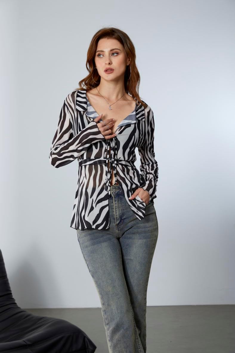 Milumia Women's Zebra Striped Tie Front Sheer Tee Top V Neck Long Sleeve T Shirts - Image 5