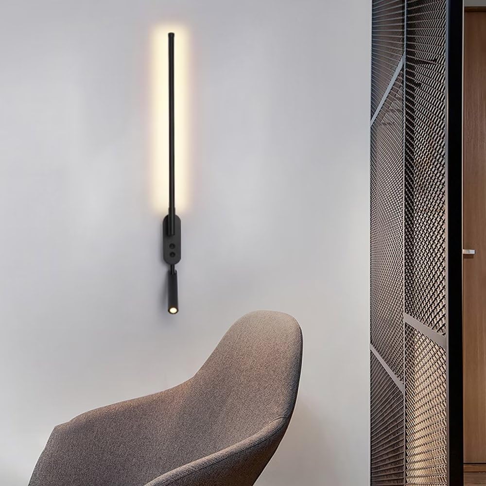 Générique Moderne LED-Wandleuchte für den Innenbereich, mit Ein-/Aus-Schalter, 45,3 Zoll, linear, langer Streifen, mit Spot, Schwarz, für Badezimmer, Schlafzimmer