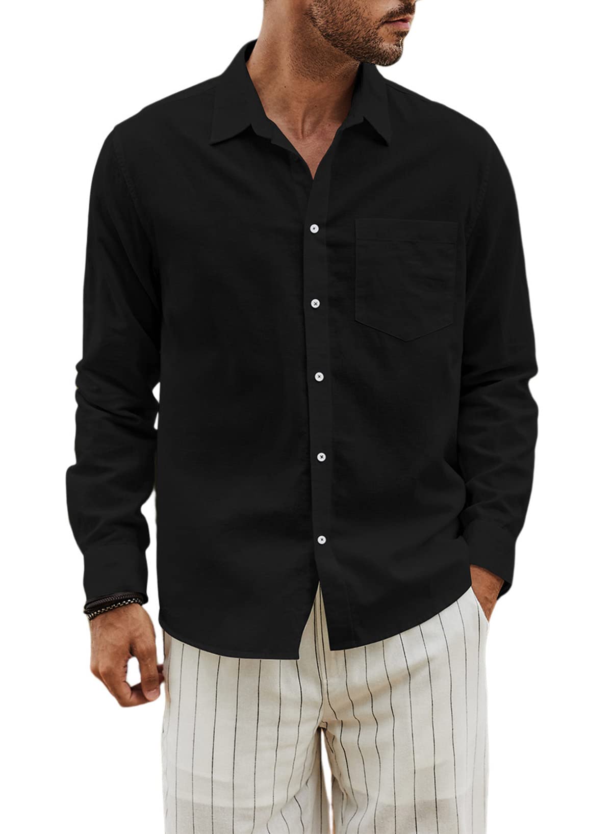 JMIERR Camisas de Lino Casual para Hombre de Manga Larga de Colores Puros básica de Ajuste Regular con Botones de Verano