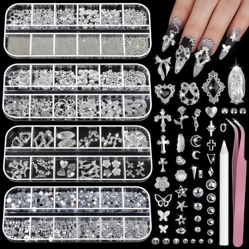 Silber Nagel Charms und Edelsteine Kit 4 Boxen Nagel Edelsteine Silber Strass für Nägel 3D Y2K Nagel Zubehör Kreuz Charms für Nägel Design Stern Kaviar Perlen für Nägel Kunst