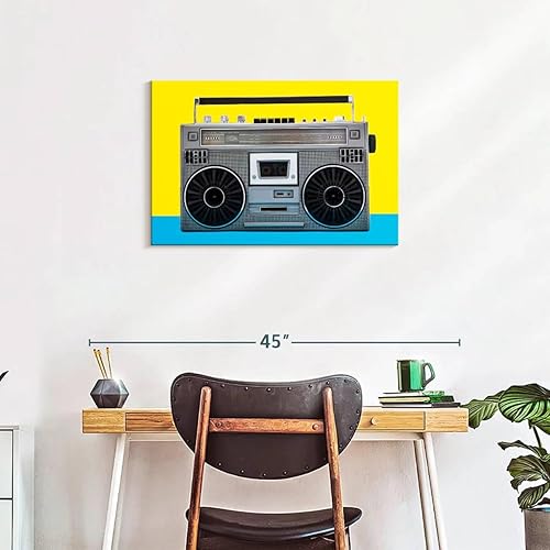 Miniatura 8 de ElephantStock - Retro Silver Boombox Wall Art - Horizontal Canvas Wall Art - Living Room Wall Decor - Photography Music Canvas Art - Yellow And