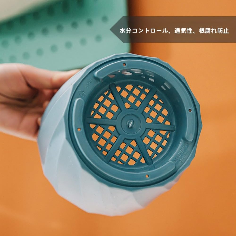 プラスチック 6個セット観葉植物鉢 ハーブ鉢 沢山の排水穴 受け皿付き 6号鉢 室内屋外用 白 斜め縞模様 (ホ 【明朝】