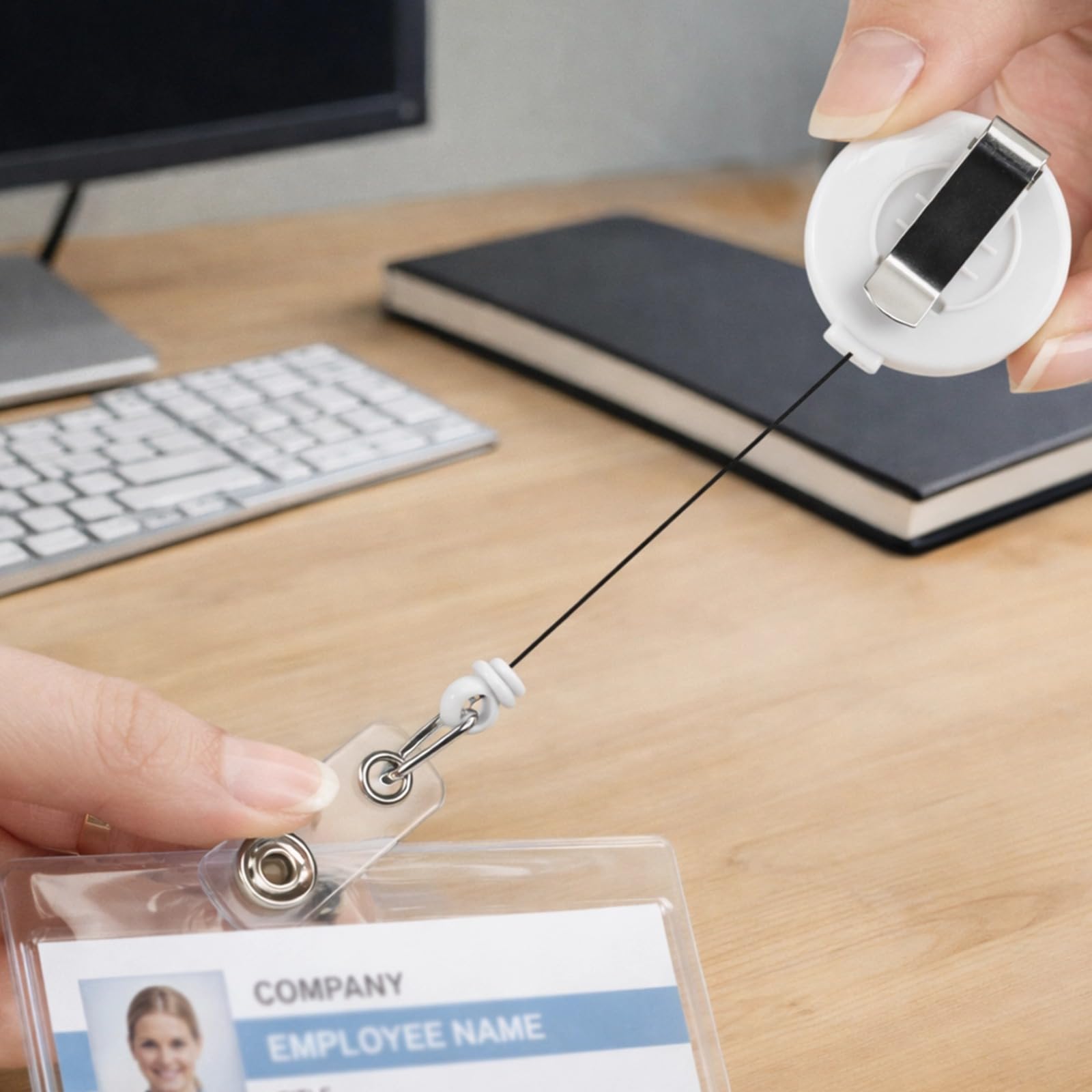 Bobine retrattili per badge identificativo con clip da cintura in metallo, bobina bianca per carta d'identità, chiavi e targhette, cavo retrattile da 86 cm, accessorio compatto per ufficio e lavoro