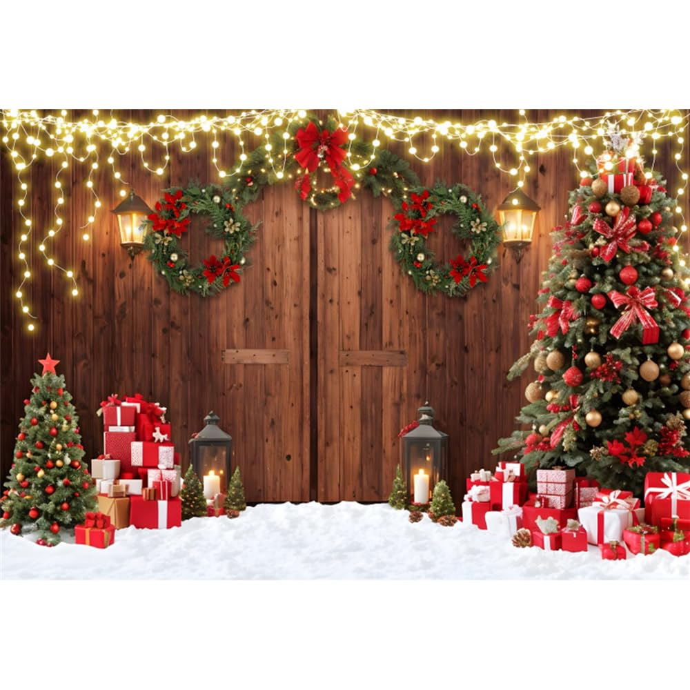 Renaiss 2.7x1.8m Kerst Foto Achtergrond Houten Deur Kerstboom Geschenken Fotografie Achtergrond Kerst Feest Decor Kinderen Familie Portret Foto Rekwisieten Vinyl