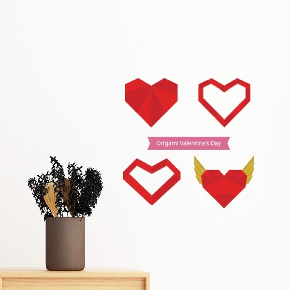 Sticker mural coeur de noël origami amovible rouge 70cm
