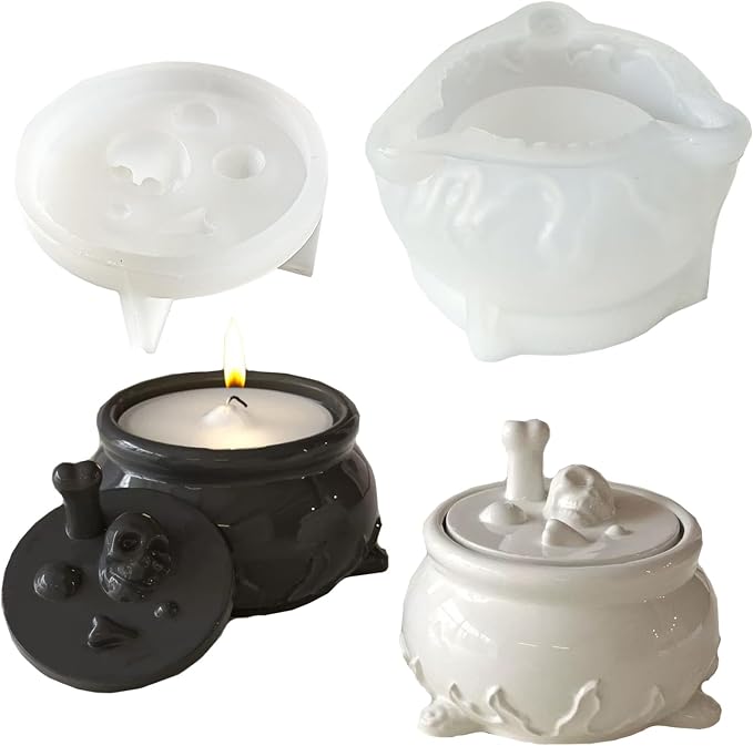 Halloween Jar Resin Mold with Lids for Epoxy Casting, Witch Cauldron Resin Molds Skull Silicone Mold for DIY Candy Organizer,Jewelry Trinket Container,Halloween Decor