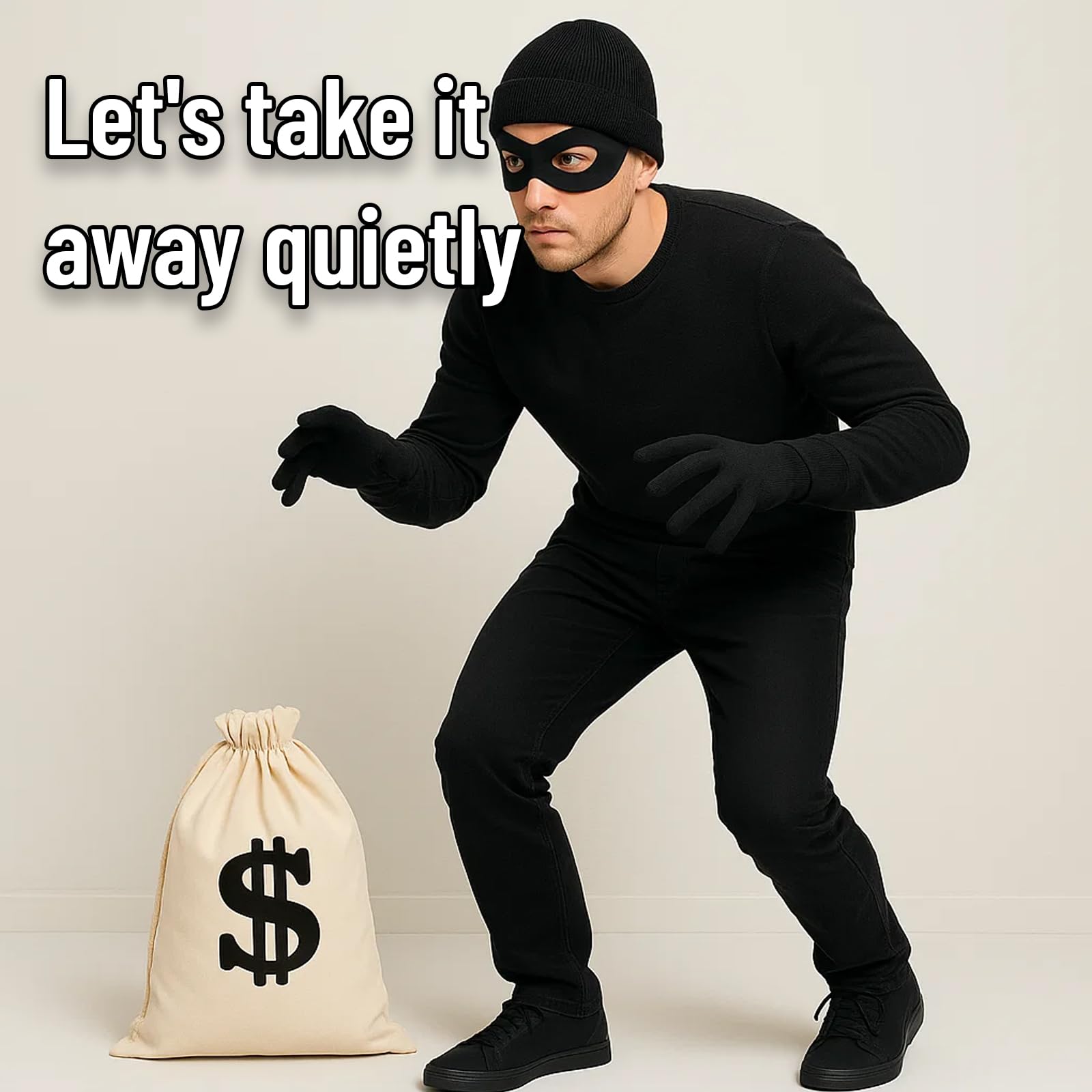Burglar Costume, 4-Piece Robber Costume Set with Beanie Cap, Eye Mask, Gloves and Swag Bag, Cops and Robbers Fancy Dress for Halloween Parties, Cosplay Events and Themed Dress-Up - Image 4