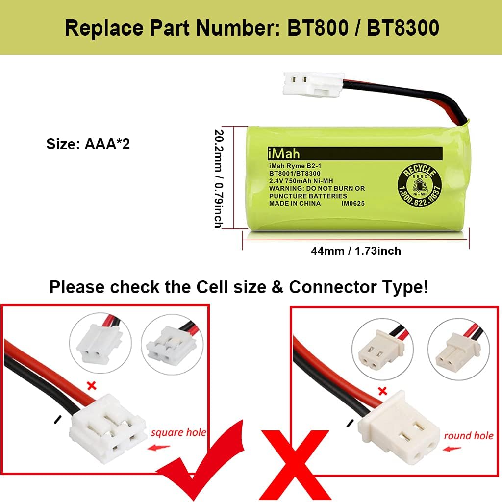 iMah battery with dimensions and comparison of square hole versus round hole connectors.