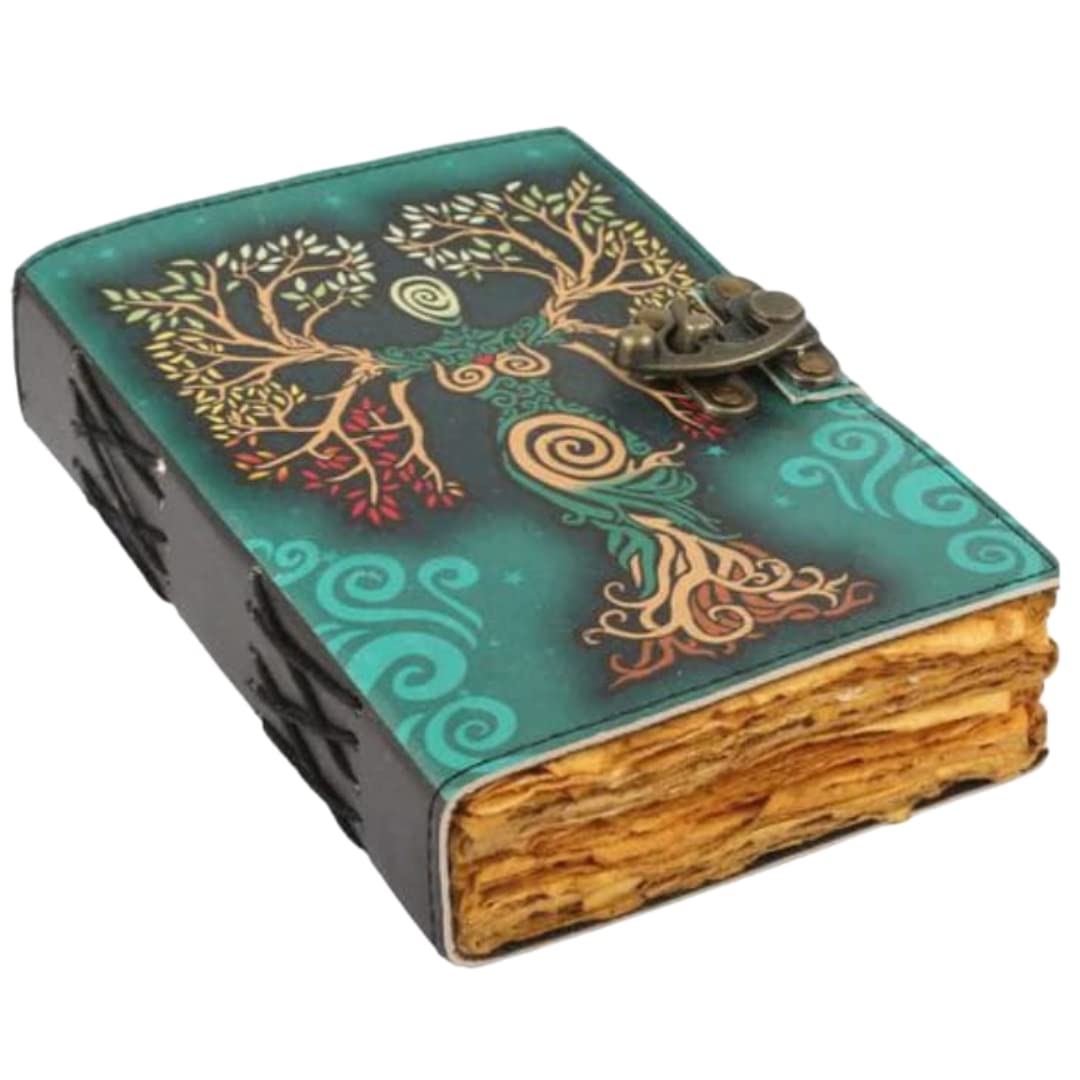 Blank Spell NoteBook of Shadows Journal with Lock Clasp Vintage Handmade Leather Diary Printed Mother Earth Prayer Pagan Witchcraft Wiccan notebook daily 7 x 5 Inches.
