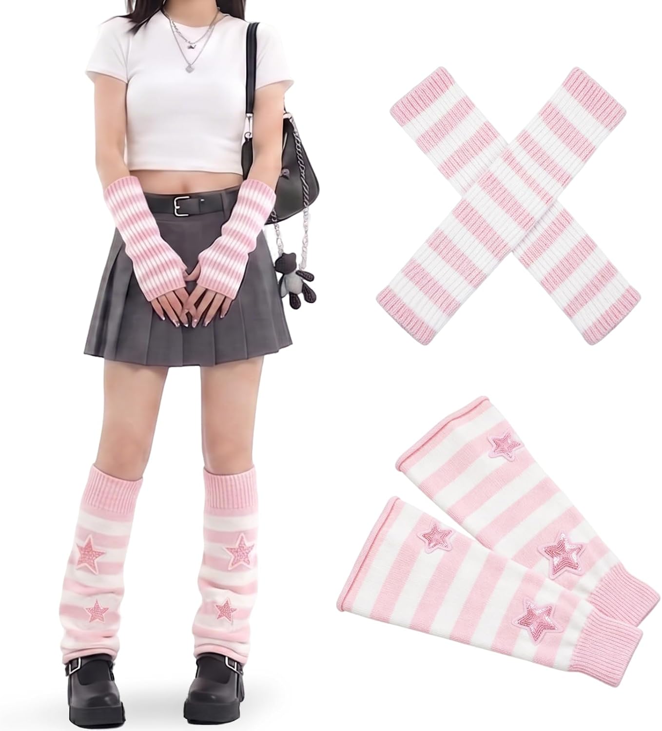 1 Pair Star Leg Warmers Y2K 1 Pair Stripe Arm Warmers Y2k Knit Legwarmers Long Fingerless gloves for Women