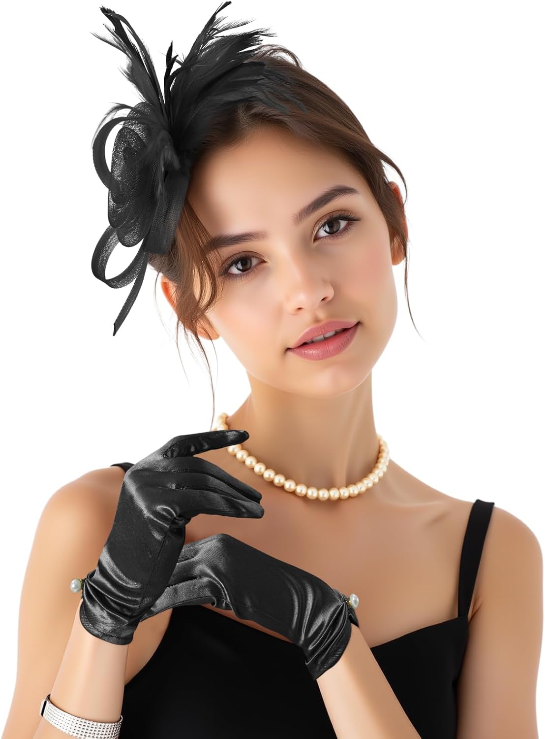 2Pcs 50s Fascinators Hats for Women Wedding Cocktail Flower Mesh Ribbons Feathers Church Tea Party Hats and Lace Glove - Image 3