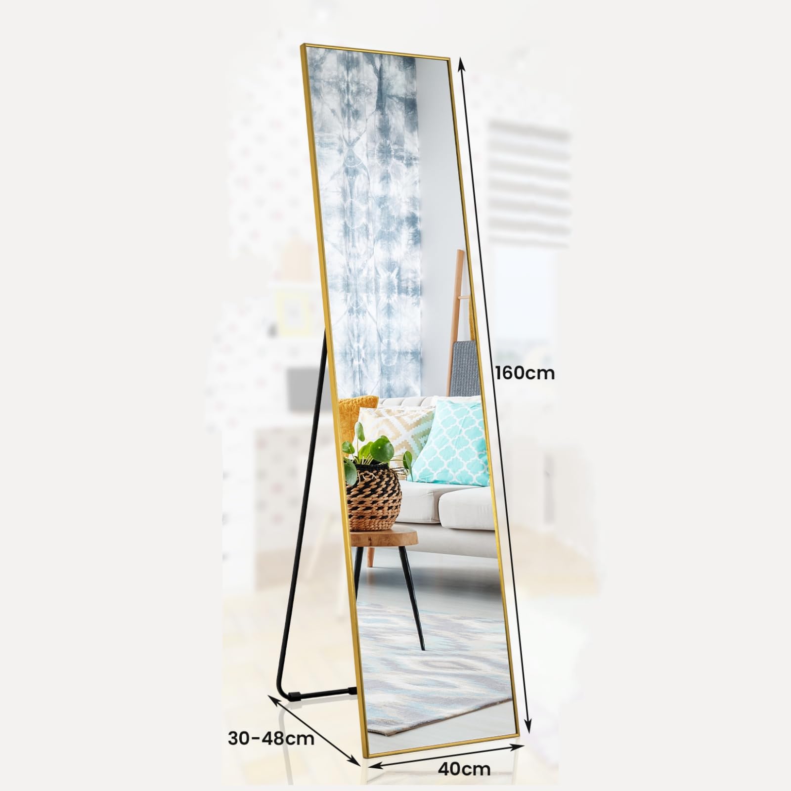 LIFEZEAL Długie lustro ścienne, lustro stojące z ramą 160 x 40 cm, prostokątne lustro do salonu, sypialni, łazienki, nowoczesne i eleganckie (złote)