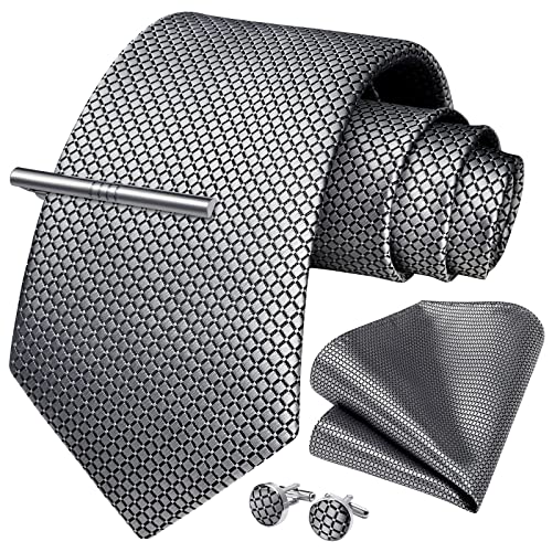 Image of HISDERN Plaid Ties for Men Classic Checkered Tie and Pocket Square Cufflinks Tie Clip Set Woven Men's Necktie Business