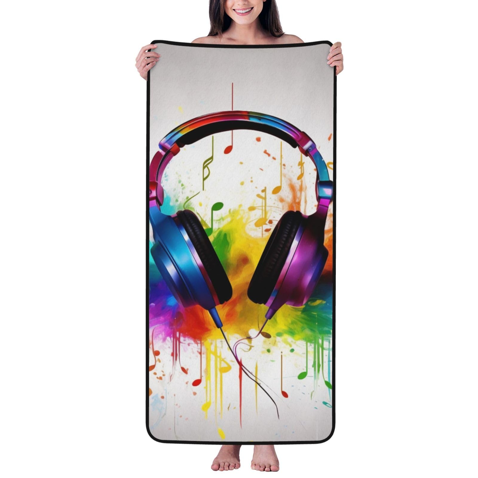 WPKJU Music Printed Bath Towel with Black Edging - 27x55 in Soft Extra Absorbent Coral Velvet Shower Towels for Bathroom