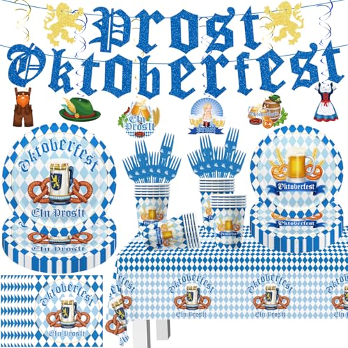 Oktoberfest Decorations, 108Pcs Prost Oktoberfest Party Supplies Set Includes Banner, Hanging Swirls, Tablecloth, Fork, Plates and Napkins for German Beer Festival Party Decorations, Serve 20