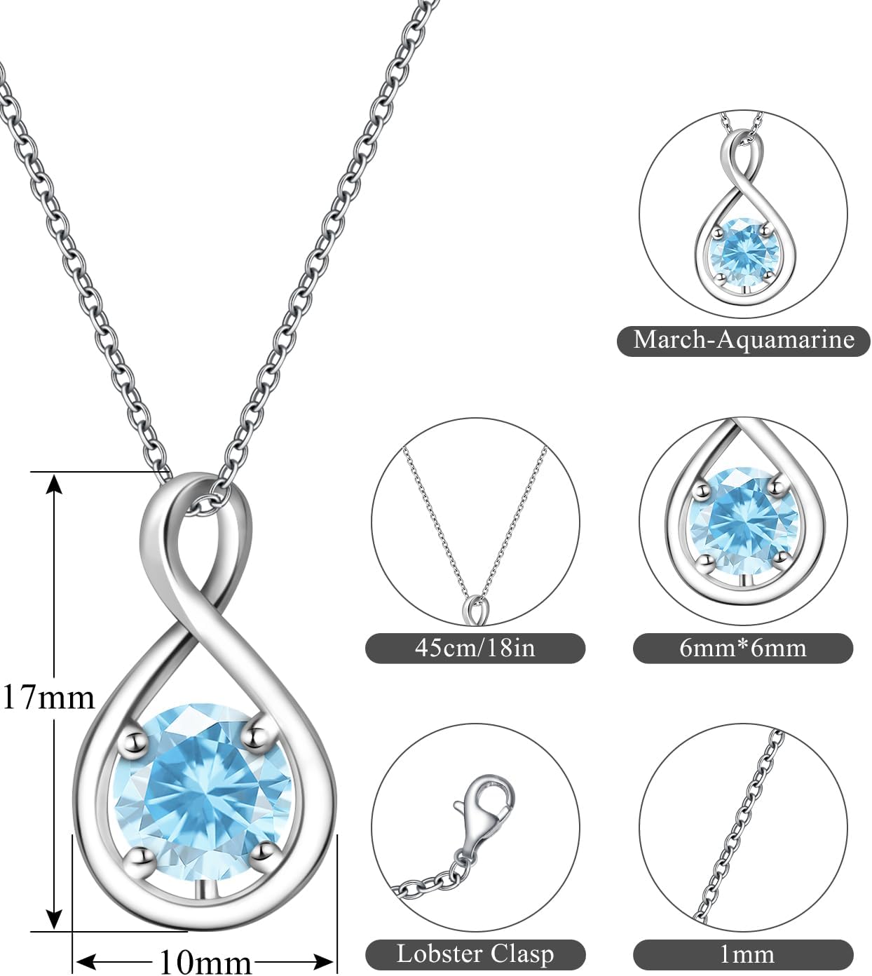 Infinity Birthstone Necklace for Women, 925 Sterling Silver Birthday Stone Pendant with Titanium Steel Chain 18", Women's Jewelry Gift for Birthday or Special Occasions - Image 2