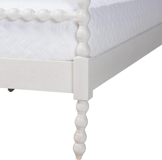 Baxton Studio Caliana Bobbin Four-Poster Platform Bed - Wooden Bed Frame with Turned Spindle Posts and Panel Headboard, Vintage-Inspired Bedroom Furniture, White, King