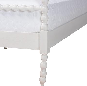 Baxton Studio Caliana Bobbin Four-Poster Platform Bed - Wooden Bed Frame with Turned Spindle Posts and Panel Headboard, Vintage-Inspired Bedroom Furniture, White, King