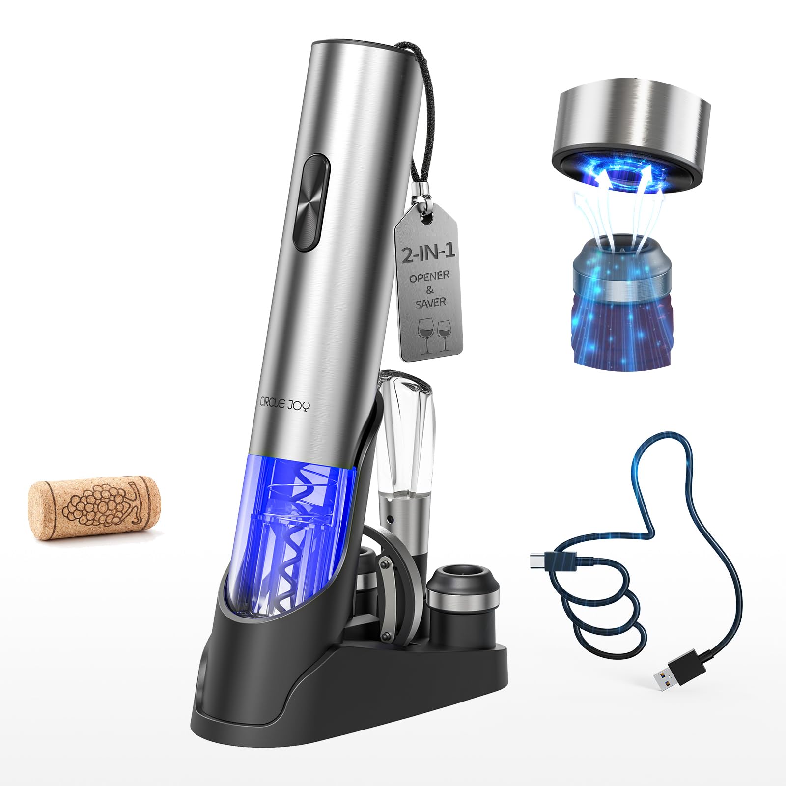 CIRCLE JOY Ouvre-bouteille électrique 7 en 1 en acier inoxydable rechargeable avec pompe à vide automatique, coupe-capsule, bec verseur, 2 bouchons sous vide et station de charge