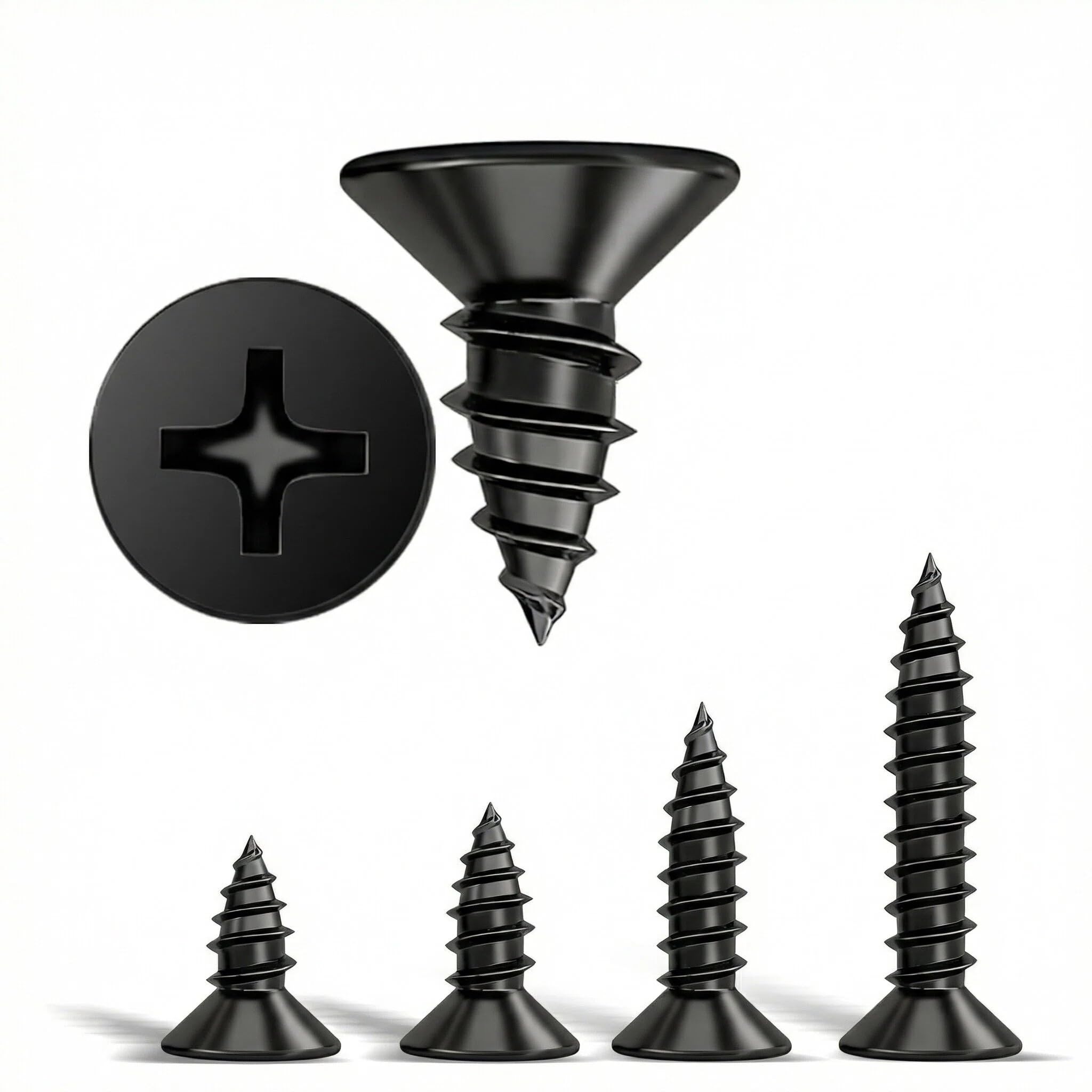 WENXINWIN 800 Pcs M3 Flat Head Black Screws，Carbon Steel Countersunk Self-Tapping Wood Screws for Furniture Assembly, Interior Trim, Outdoor Construction, and DIY Projects (6mm, 8mm, 10mm, 12mm).