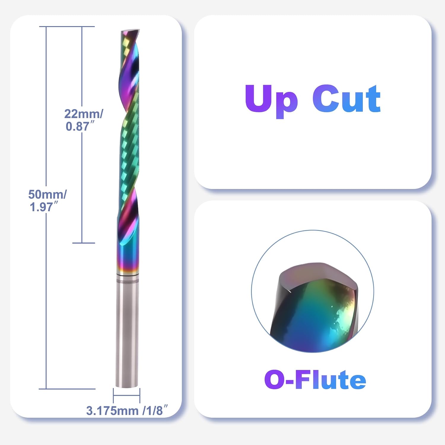 10 Pcs O Flute Up Cut Router Bits, 1/8-inch Shank Single Flute CNC End Mill, Spiral Solid Carbide Milling Cutters with DLC Coating, Ideal for Aluminum, Plastic, Acrylic, Wood, MDF and PVC