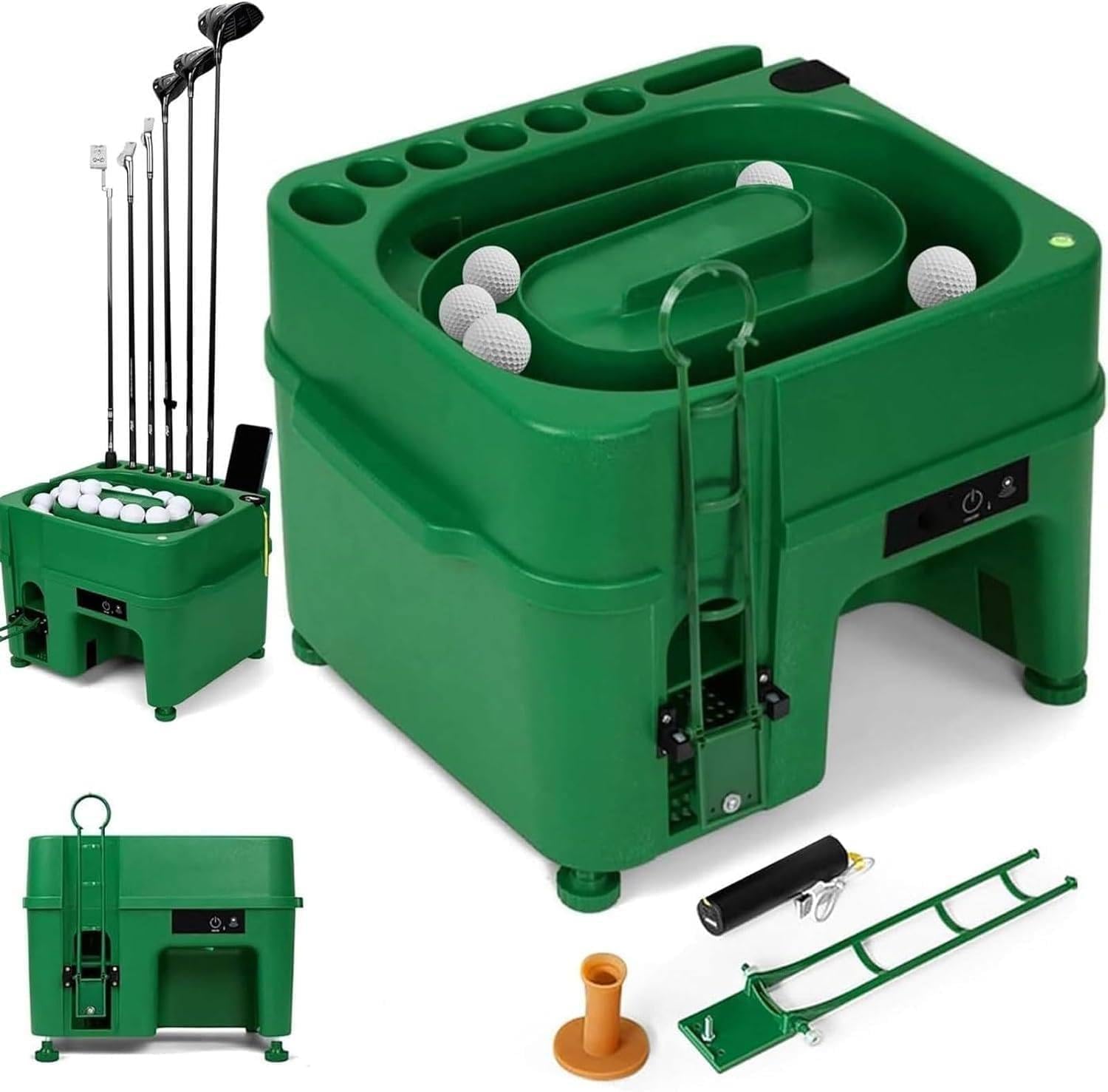 Golf Ball Dispenser, Automatic Golf Ball Machine with 6 Holes Club Holder, Holds 40 Balls, Adjustable Height, Dual-Mode for Driving Practice