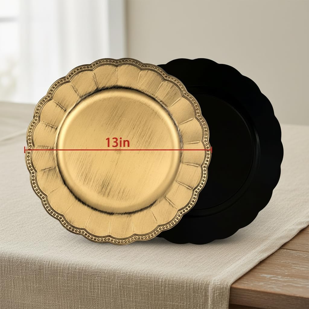Gold Charger Plates Set of 10, 13 Inch Plastic Plate Chargers | Vintage Style for Weddings, Holiday Parties, Banquets & Family Gatherings, Elegant Chargers for Dinner Plates (10, Gold-XRK)