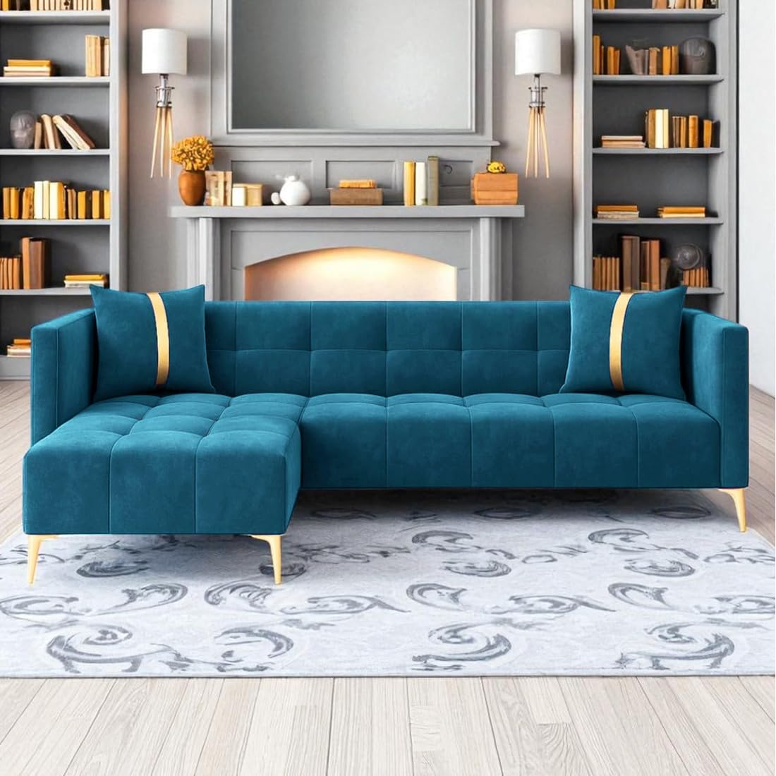 FURNY Styliving 4 Seater Fabric LHS L Shape Sofa Set (Aqua Blue) with Golden Finish Legs | Durable & Comfortable | Ideal for Living Room FURNY Styliving 4 Seater Fabric LHS L Shape Sofa Set (Aqua Blue) with Golden Finish Legs | Durable & Comfortable | Ideal for Living Room