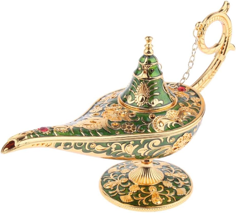 pistro Green Genie Light Lamp, Aladdin Genie Lamp Metal Carved Legend Lamp