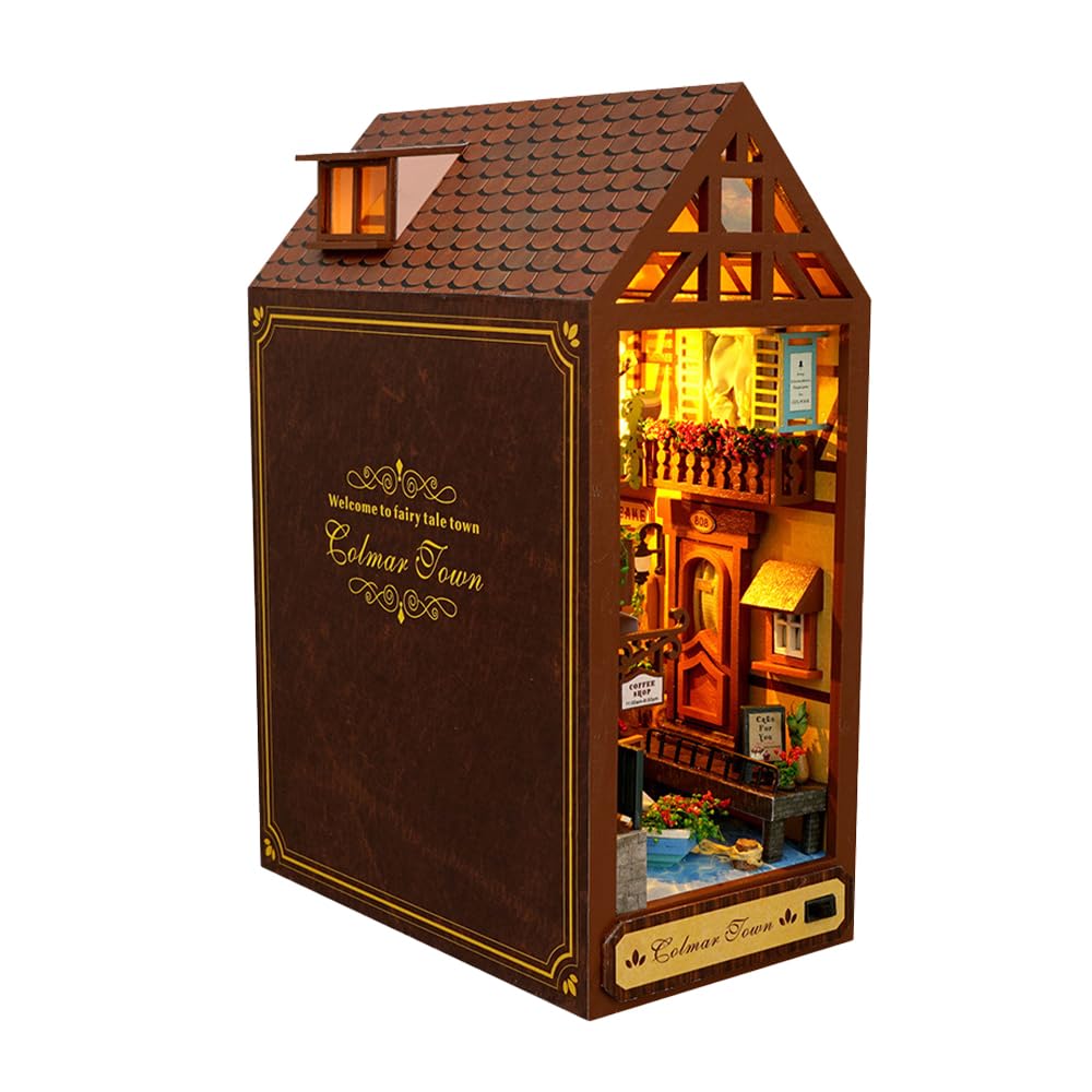 Kit de rincón de libros de madera, para casa de muñecas en miniatura, rompecabezas de madera 3D, inserto de estantería, kit de casa en miniatura con luz LED para adultos y adolescentes