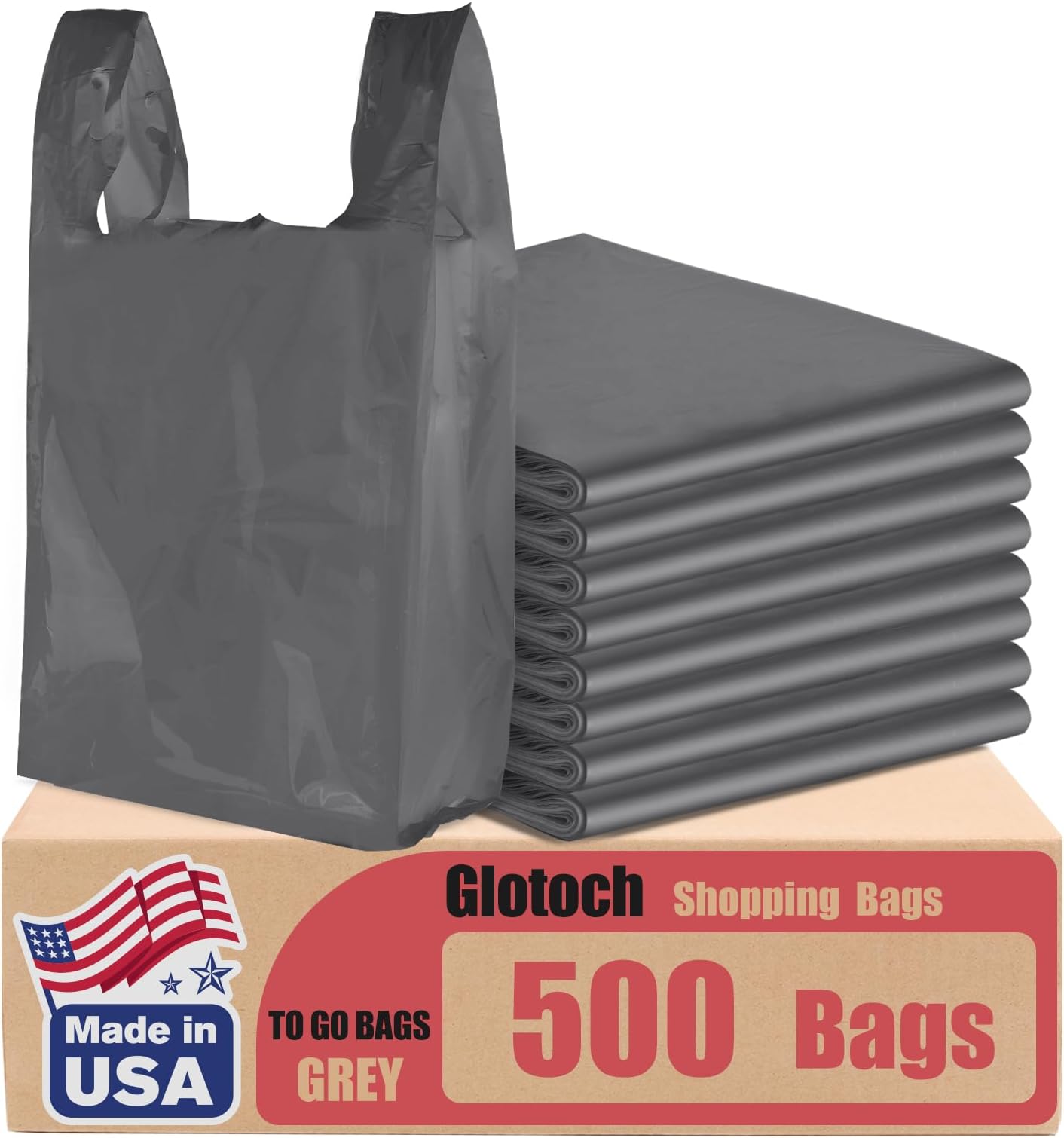 Glotoch 500 Count - Plastic T-shirt Bags Gray, 11.5" x 6.5" x 21" Grocery Bags with Handles for Restaurant, Retail, Grocery Store, Takeout, Convenience Stores, Shopping Bag