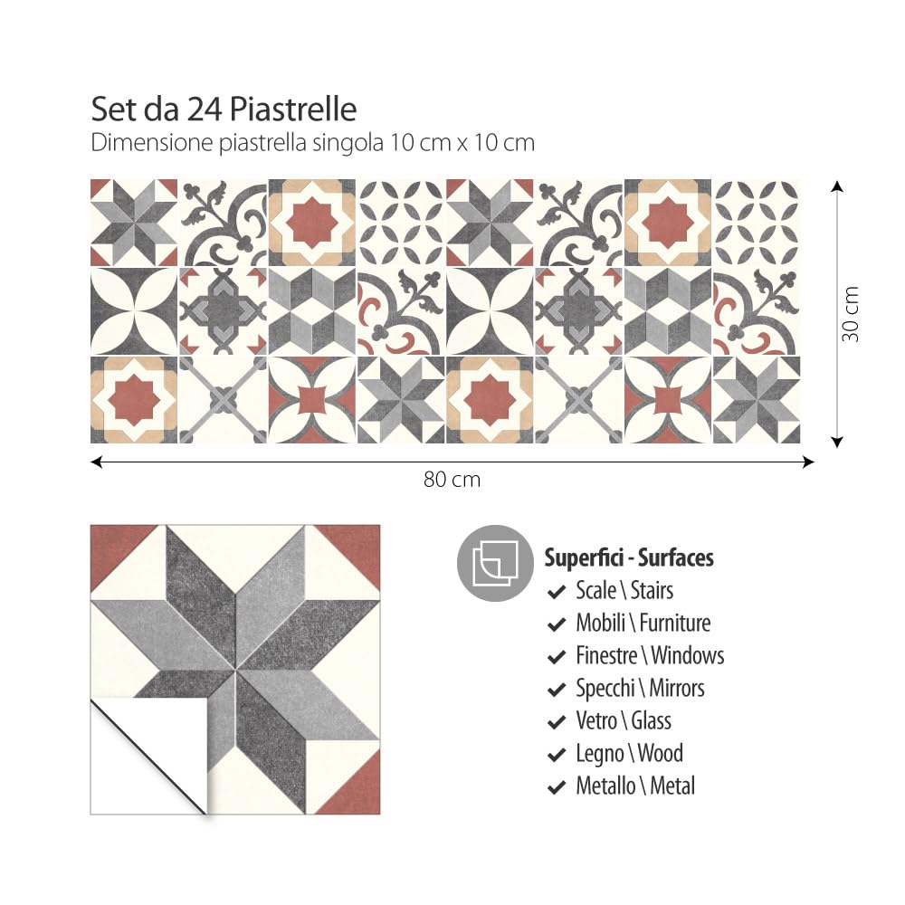 RE-COVERTILES - Adesivi per Piastrelle Bagno e Cucina 24 Pz 10x10 cm - PS00220 Decorazione murale in PVC Impermeabile mattonelle Mosaico Stile cementine Azulejos