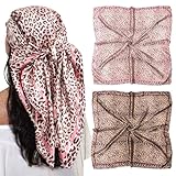 AWAYTR 35” Large Satin Square Head Scarf - 2Pcs Silk Like Floral Head Scarves Square Satin Hair Scarf Bandanas for Women (Leopard print (Pink/Khaki))