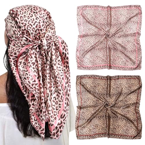 AWAYTR 35 Large Satin Square Head Scarf - 2Pcs Silk Like Floral Head Scarves Square Satin Hair Scarf Bandanas for Women (Leopard print (Pink/Khaki))