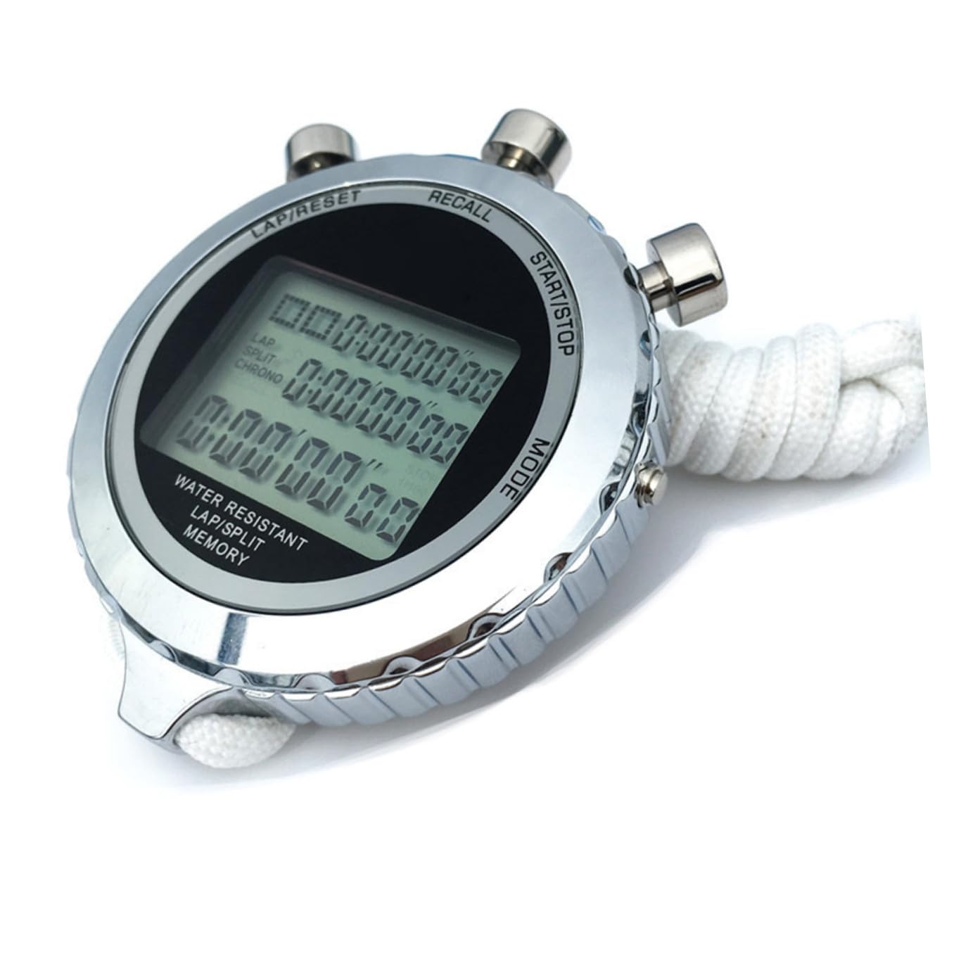 Cronometro Digitale Lcd con 3 Righe 30, Acciaio Inox | Bianco, 1 Pezzo, Visualizza Minuti Secondi Anno Mese Data Giorno, per Allenamento Atleti