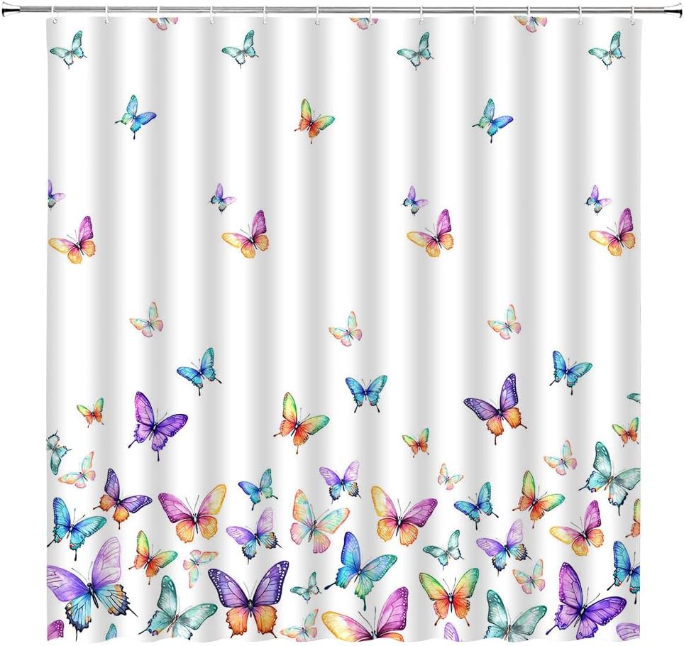 Colorful Butterflies Shower Curtain Rainbow Colors Butterfly Animals Aesthetic Women Girls Spring Garden Print Fabric Bathroom Decor Curtains with Hooks,70 x 80
