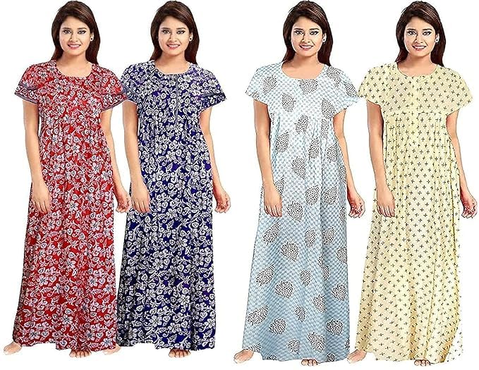 Image of Nighty for Women Cotton Printed Maxi Gown Ankle Length Nighty Night Dress Gown for Women Maxi - Free Size (Pack of 4)