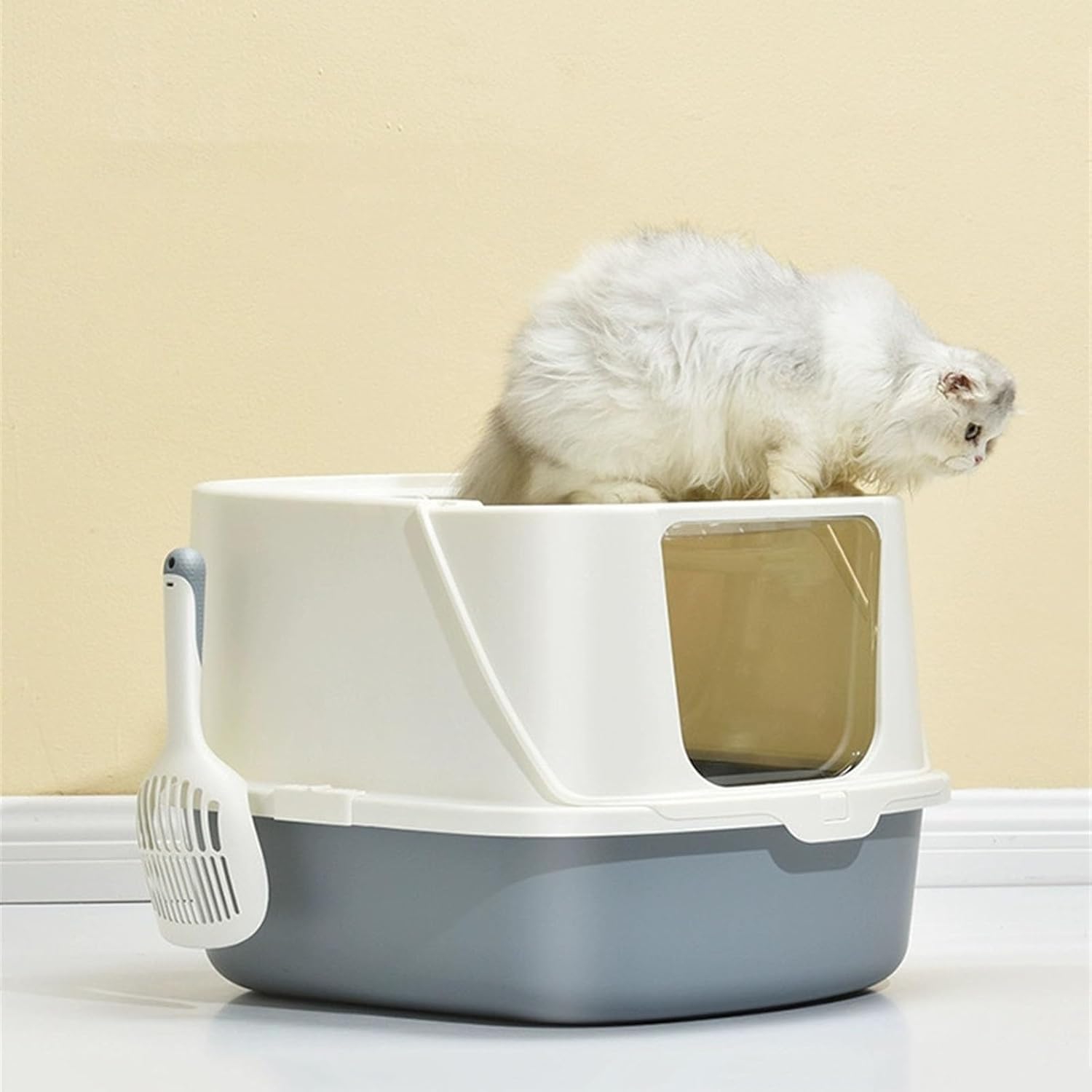 Litterbox Extra Large Litter Box, Semi-Enclosed Litter Box with Scoop, Large Litter Box for Small to Large Sized Cats, Easy Cleaning, Non-Sticky Cat Litter Tray(Dark Grey)