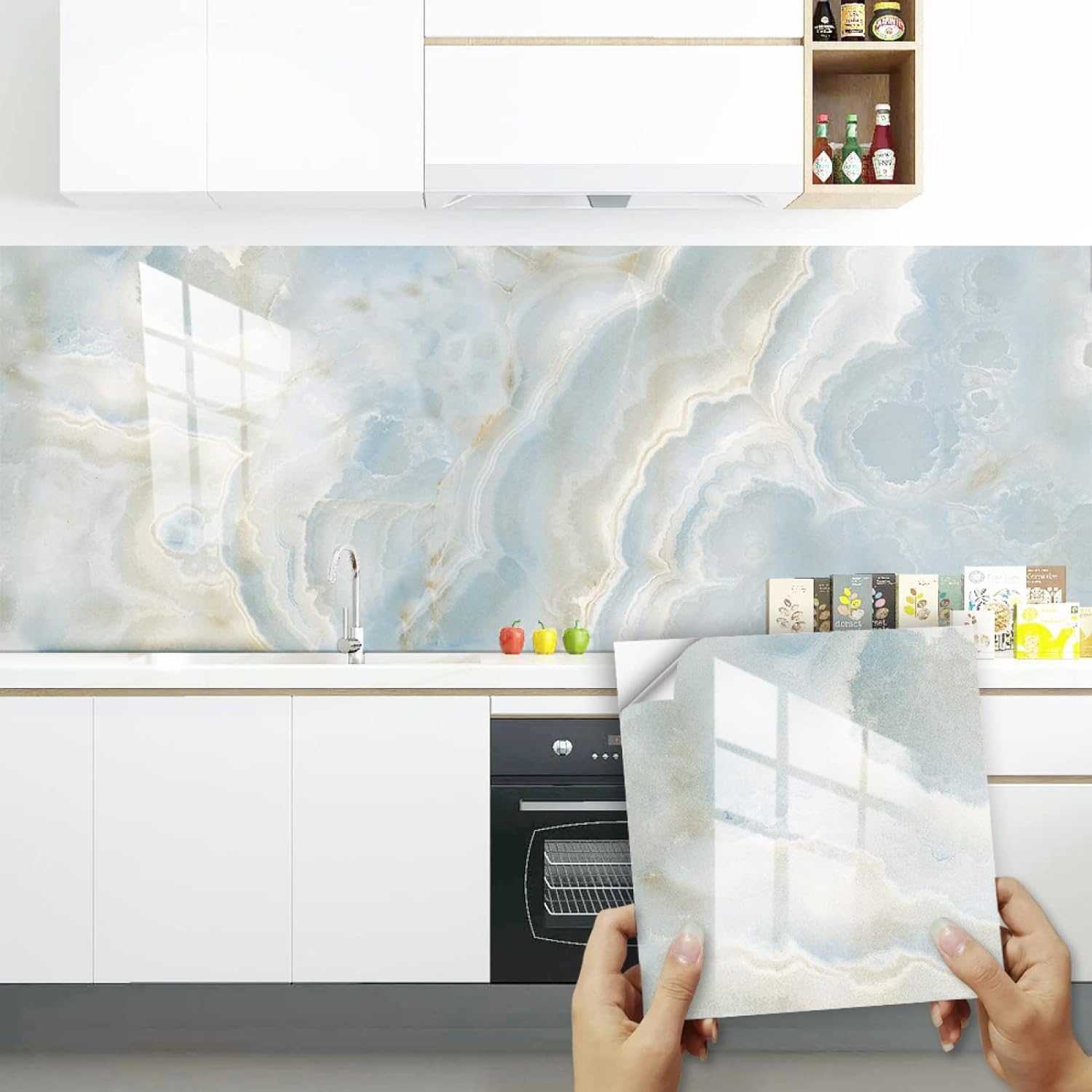 Papier peint marbre bleu beige imperméable autocollant mural vinyle pour salle de bain