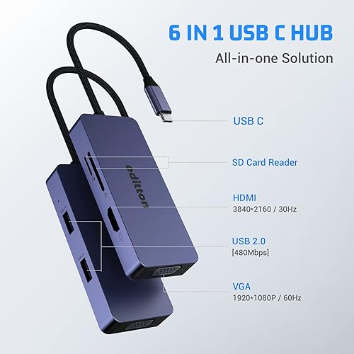 Miniatura 2 de Hub USB C, oditton 6 en 1 USB C a HDMI, VGA, adaptador USB C de doble pantalla con lector de tarjetas SDTF, 2 USB A, USB C acoplamiento para MacBook