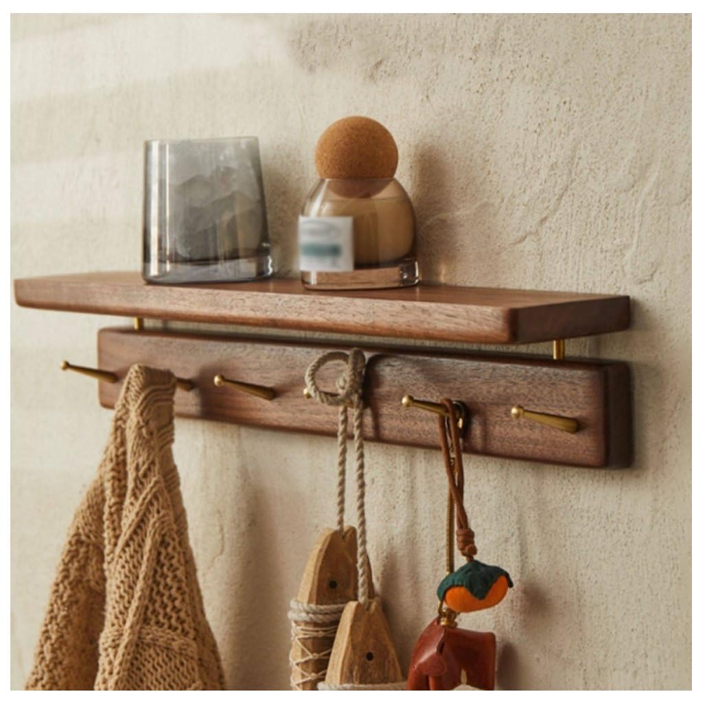 QPKZ Walnut Wood Coat Rack Wall Mount With Shelf, Wall Hooks Entryway Hanging Shelves With Brass Hooks for Clothes Hats Towel Purse Robes, Bathroom Mudroom Bedroom 48CM
