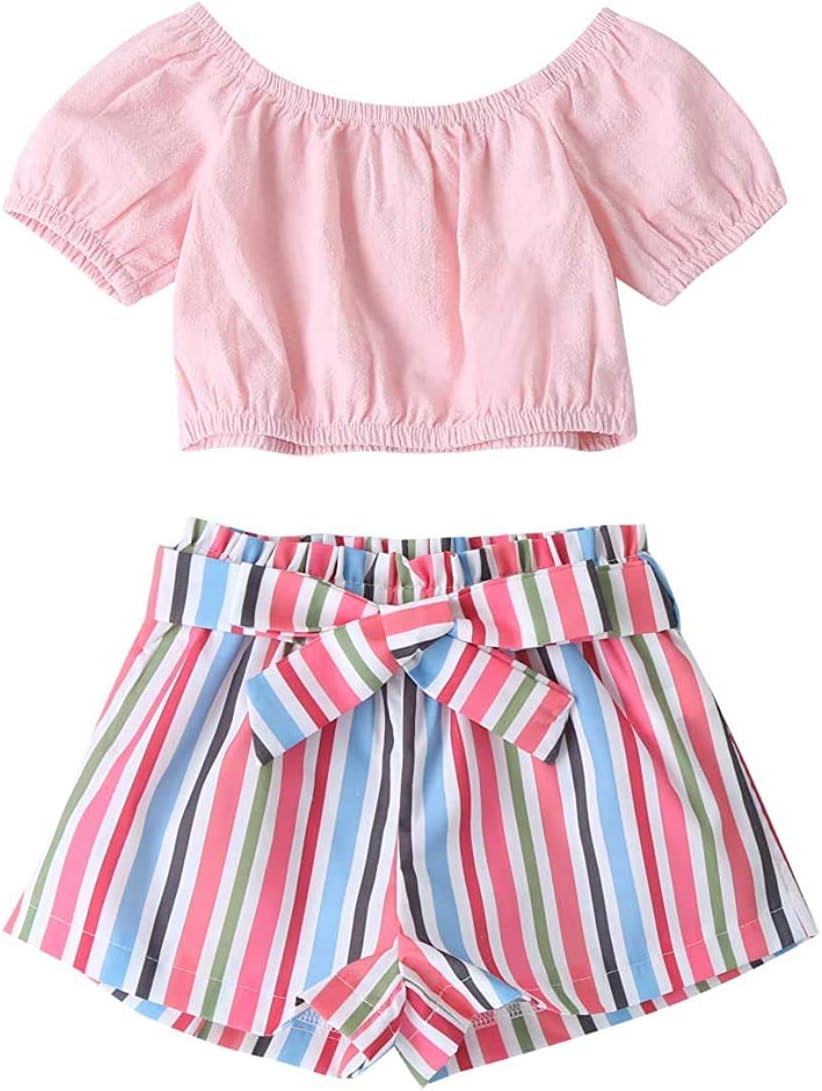 Toddler Baby Girl Sleeveless White Tank Top Shirts+Gray Stripe Shorts Pant with Bow Belt+Headband Summer Clothes Set