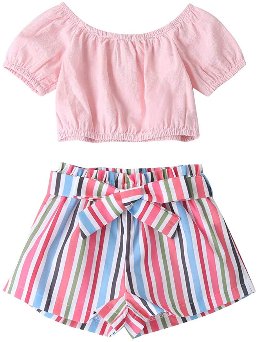 Toddler Baby Girl Sleeveless White Tank Top Shirts+Gray Stripe Shorts Pant with Bow Belt+Headband Summer Clothes Set