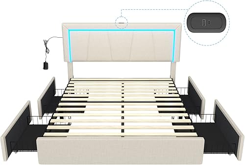 Miniatura 7 de DICTAC Base de cama LED matrimonial con 4 cajones y puertos USB, moderna plataforma tapizada de piel sintética con almacenamiento y cabecero LED RGB